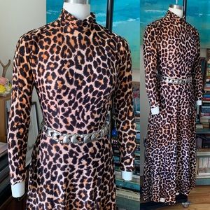 1960s Vintage Ombré Leopard Print Maxi Dress medium with mock neck & long sleeve